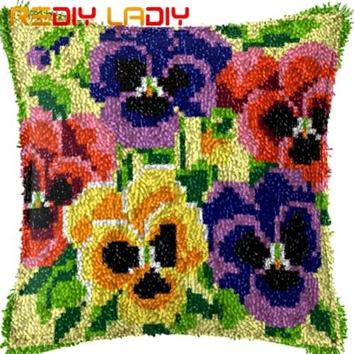 Latch Hook Kits Make Your Own Cushion Pansy Flowers Acrylic Yarn Crochet Pillow Case Pre-Printed Canvas Latch Hook Cushion Cover