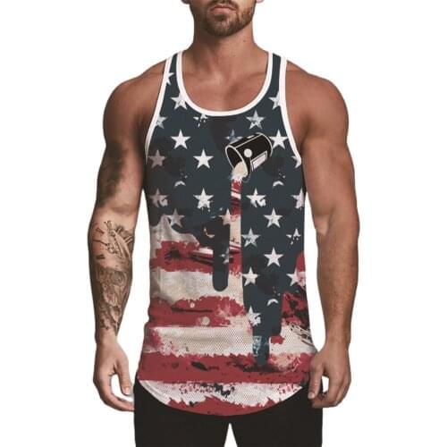 Summer Men Tops Stars Printing Print Running Vest Men Stripe U Neck Bodybuilding Vest Pullover Top