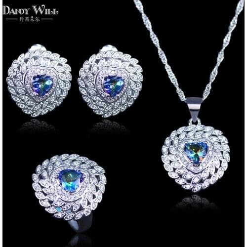 Best Gift Trendy 3 Piece Natural Rainbow Heart Stone Ring Earrings And Pendant Silver Color Jewelry Set For Women