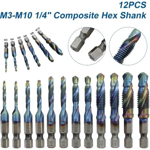 6/12PCS Composite Hex Shank Tap Drill Bits Set Quick Change Impact HSS Driver Bit Set For Metal Steel Wood Plastic M3-M10 1/4"