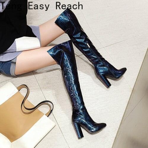 2021 New Faux Leather Women Knee High Boots Pointed Toe Square High Heel Ladies Long Boot Stone Pattern Women Shoes Black Red 39