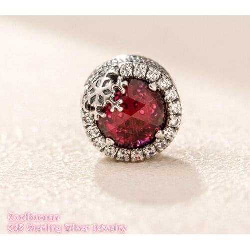925 Sterling Silver Dazzling Snowflake Charm, Clear CZ &Cerise Crystal beads Fit Original Brand Charms Bracelet Winter