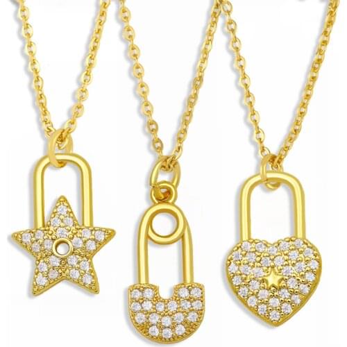 FLOLA Small Heart Padlock Necklace For Women Crystal Star Lock Pendant Necklace CZ Pave Zirconia Jewelry Valentines Day nket40