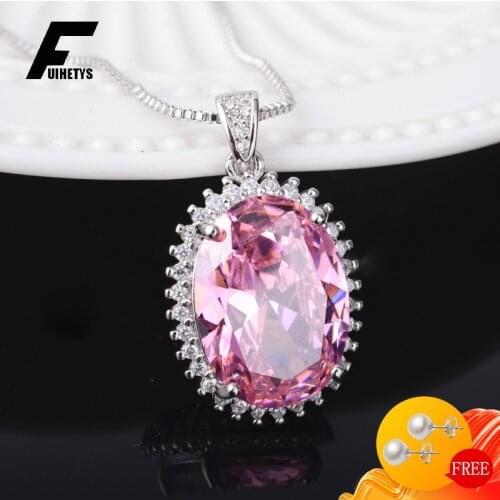 Fashion Women Necklace 925 Silver Jewelry Oval Shape Ruby Pink Zircon Gemstone Pendant for Girl Wedding Engagement Accessories