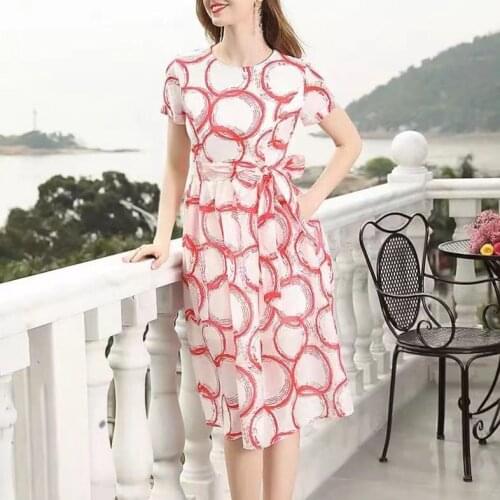 IVY HE Summer Womens Dress 2021 Office Lady French Chiffon Round Neck Gorgeous Printing Short Sleeve Frenulum Lace Up Dresses