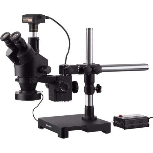 7X-90X Black Trinocular Stereo Zoom Microscope on Single Arm Boom Stand with Heavy Duty 80-LED Ring Light & 18MP USB3.0 Digital