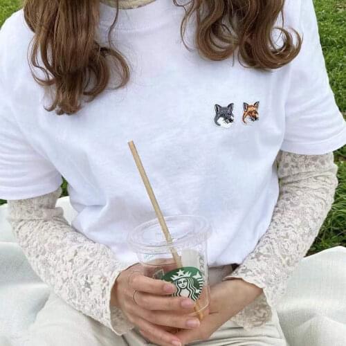 Women T-shirt Simple lazy little fox embroidery round neck cotton couple short-sleeved ladies T-shirt