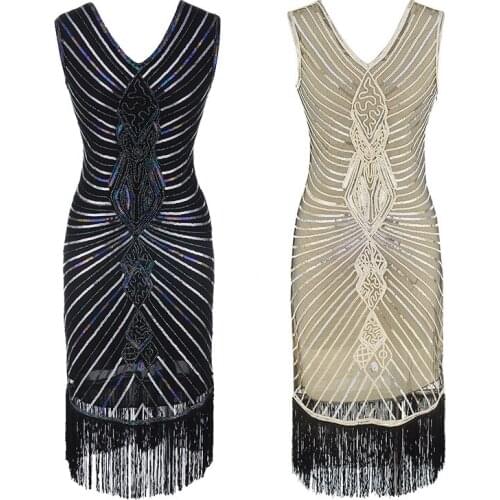 Women Gatsby Dress Geometric Sequins Mesh Patchwork Vintage Flapper 1920s Fringed Dress Bodycon Club Party Dresses Plus Size