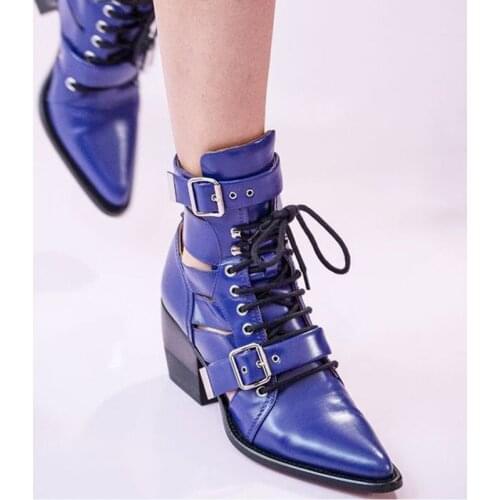 Spring New Runway Shoes Women Short Leather Bootie Pointed Toe Buckled Strap Lace-Up Botas Mujer Cut-Outs Block Heel Ankle Boots
