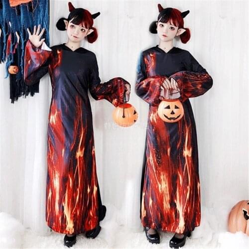 Women Halloween Costume Dresses Adult Female Carnival Party Fancy Reaper Flame Robe Hell Ghost Witch Bar Long Dress