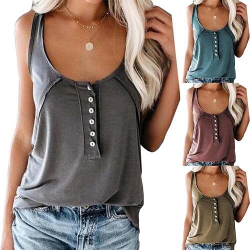 Women Fashion Sexy Summer Vest Solid Color Flat-Neck Button Sleeveless Scoop Neck Buttons Vest Camisole Loose Blouse Top