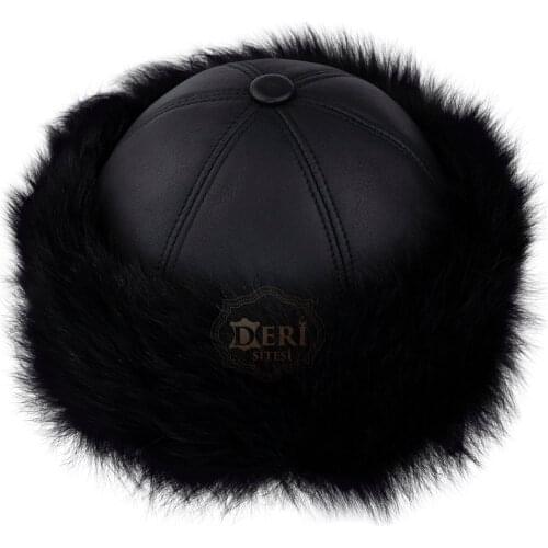 Unisex Shearling Sheepskin Winter Leather Fur Beanie Hat Black - Handmade Leather Hat