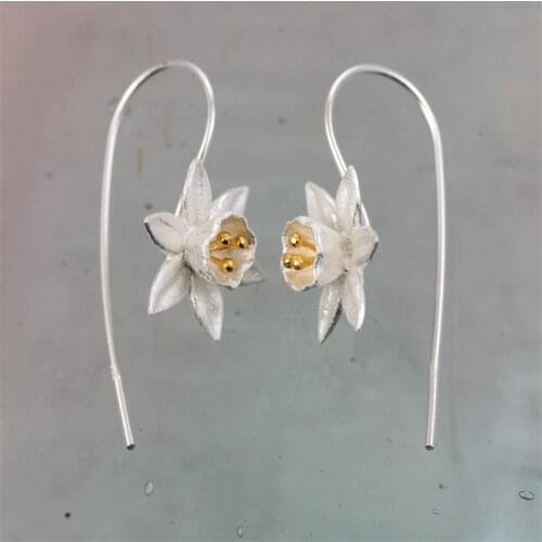 2020 Vintage Ethnic Style Daffodil Drop Earring Silver Color Flower Dangle Earrings For Women Engagement Wedding Fashion Jewelry