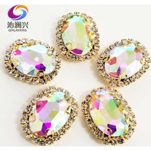 AB color oval shape top quality Glass Crystal buckle,golden bottom sew on rhinestones,Diy/Clothing/wedding decoration SWTKG06