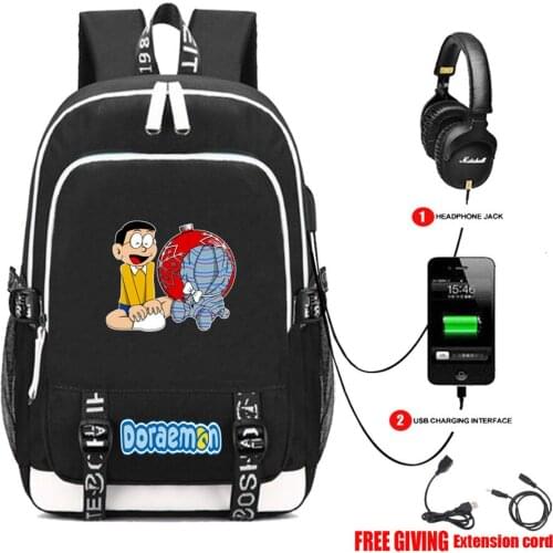 Anime USB Charging Headphone jack School Bags boys Girls Mochila Feminina Women Laptop Backpack Travel Bags Doraemon backpack