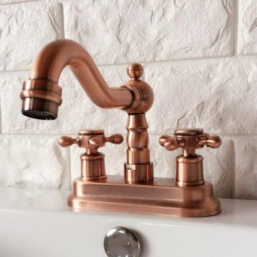 Antique Red Copper 4" Centerset Brass Kitchen Bathroom Vessel Sink Two Holes Basin Swivel Faucet Dual Handles Water Tap arg047