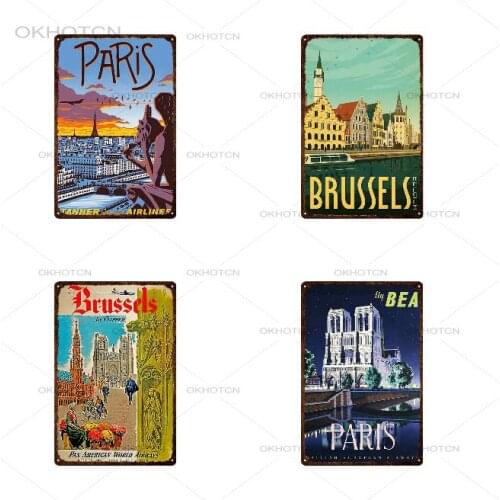 Travel City Metal Plate Brussels Architecture Metal Sign Paris Poster Wall Bar Restaurant Family Shop Retro Decoration 30X20CM
