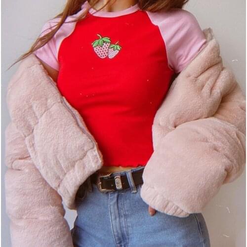DSMTRC 2021 New Summer Short Sleeve Crop Top Harajuku Tees Sweet Style Strawberry Embroidery Patchwork T-shirt for Woman