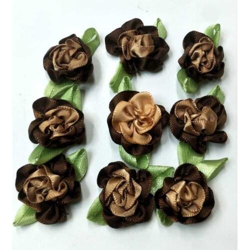 HL 30pcs coffee color ribbon flowers with leaf handmade apparel sewing appliques DIY accessories D0209