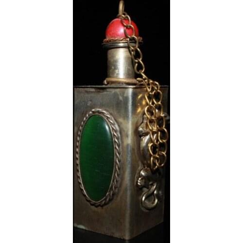 China White copper Inlay green gem Snuff bottles