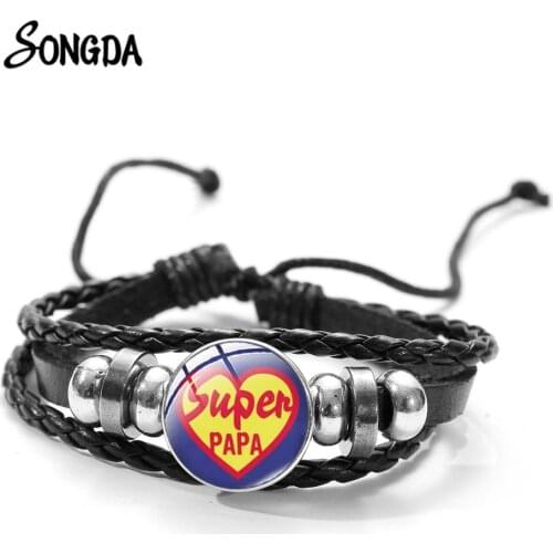 Super Papa Leather Bracelet Male Jewelry Fathers Day Series Cartoon Printed Glass Dome Snap Button Charm Bracelet Best Dad Gift