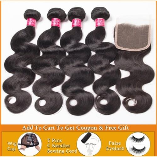 LANQI Body Wave Bundles With Closure Peruvian Brazilian hair weave 3 4 bundles with closure Human Hair Bundles With Closure