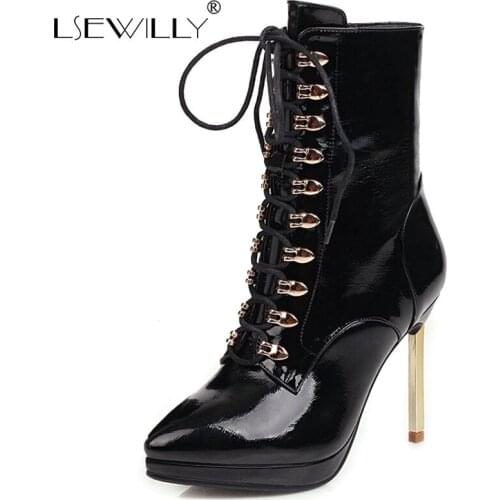Lsewilly Women Ankle Boots Shoes Rivet Platform Super High Heel Boots Lady Pointed Toe Thin Heels Zip Lace Up Boots Autumn