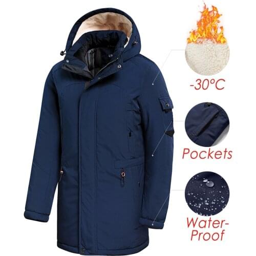 Men 2021 Winter New Casual Long Thick Fleece Hooded Waterproof Parkas Jacket Coat Men Outwear Fashion Pockets Parka Jacket 46-58