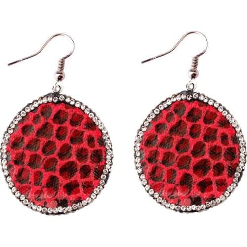 ZWPON 2019 New Rhinestone Surround Paved Faux Snakeskin Leather Round Earrings for Women Oval Dangle Earrings Jewelry Wholesale
