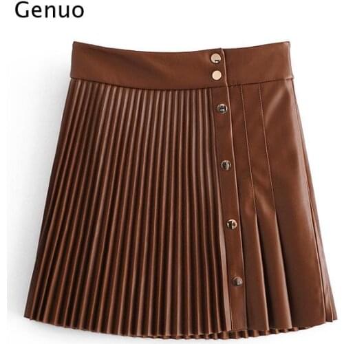 Solid Pu Leather Skirt High Waist Buttons Sexy Mini Pleated Skirt Asymmetrical Fashion Women Autumn
