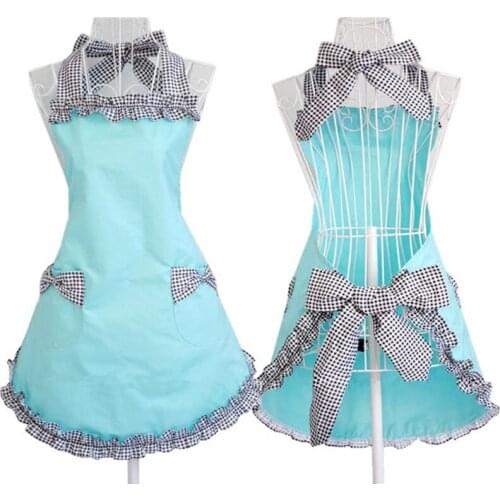 Solid Color Plaid Bow Pocket Cute Sexy Apron For Women Coffee Restaurant Kitchen Waiter Apron Manicure Home Clean Chef Apron