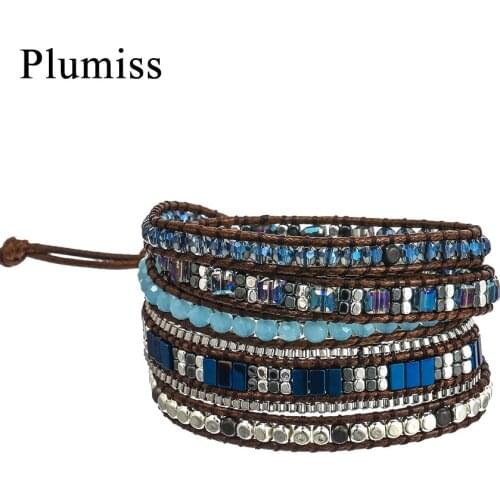 Plumiss 5 Layers Blue Crystal Wrap Bracelet for Women Stainless Steel Chain Hematite Copper Beads Bracelets Jewelry Dropshipping