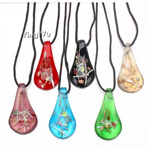 Yingwu Charm Handmade Lampwork Murano Glass Gold Foil Drop Leaf Pendant Necklace Jewelry Gift 6pcs Wholesale