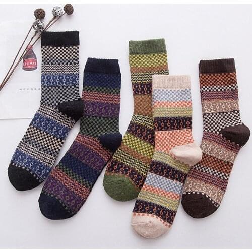 Hot Mens Vintage Ethnic Woolen Warm Long Socks Checked Striped Geometric Ribbed Knit Hosiery