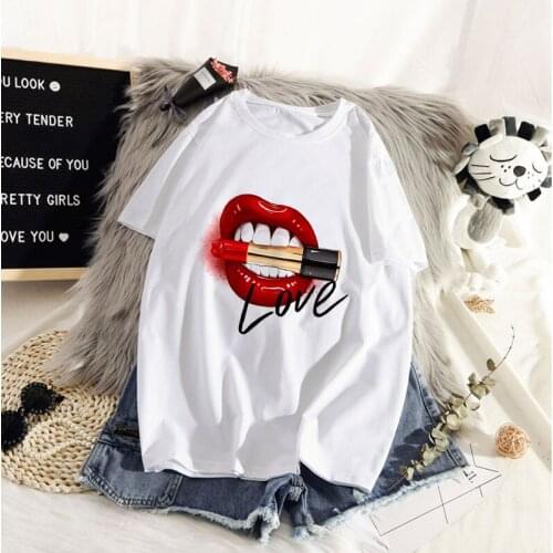 Graphic Tees Tops Red Lips Tshirts Women Funny T Shirt O-neck T-shirt White Tops Casual Short Camisetas Mujer_T-Shirt
