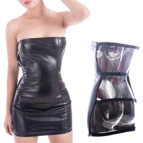 Sexy Women Faux Leather Backless Mini Dress Open Body Strapless Mistress Role Play Catsuit Fetish Costume