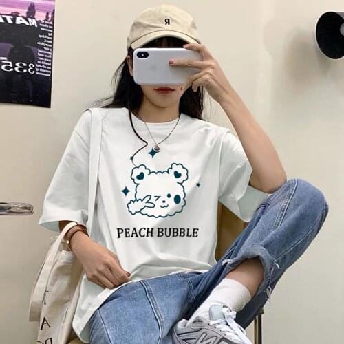 2021 oversized top womens T-shirt round neck summer cartoon semi-loose sleeve printing casual simple wild Harajuku top