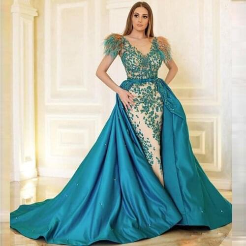 Feather Cap Sleeves Evening Dresses With Detachable Train Sheer Scoop Neck Sequins Lace Appliques Mermaid Prom Dress Party Gown