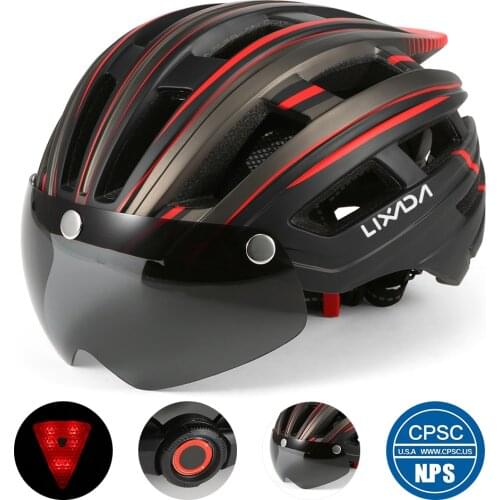 Lixada Mountain Bike Helmet Motorcycling Helmet Back Light Detachable Magnetic Visor UV Protective Cycling Helmets for Men Women