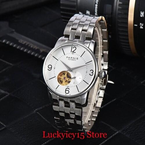 PARNIS Sapphire Glass Luxury Special Design 38mm Polished Men Wristwatch Stainless Steel Bracelet Black/White Dial