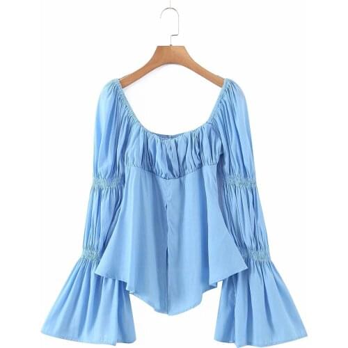 Spring 2021 Fashion New Womens Blouse Flared Sleeves Elegant Loose Street Long Sleeve Blouse