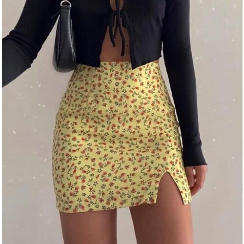 Flower Print Split Mini Skirt Prairie Chic Sexy Bodycon Fashion Skirts Summer 2021 Elastic Waist High Waist Elegant Women Skirt