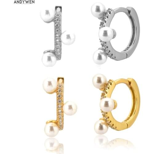 ANDYWEN 925 Sterling Silver 8.2mm Pearl Huggies 2020 Mini Hoops 2020 Rock Punk Women Piercing Pendiente Luxury Jewelry