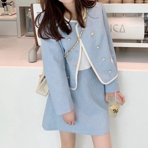 2021 New Korean Office Ladies Suits Formal Set Autumn Casual 2 Piece Set Women Crop Top Short Coat + Mini Skirt Two Piece Set