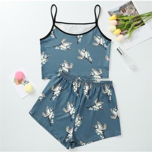 Womens Pajamas Set, Crane Print Suspender Top, High Waist Elastic Band Shorts, Casual Home Wear