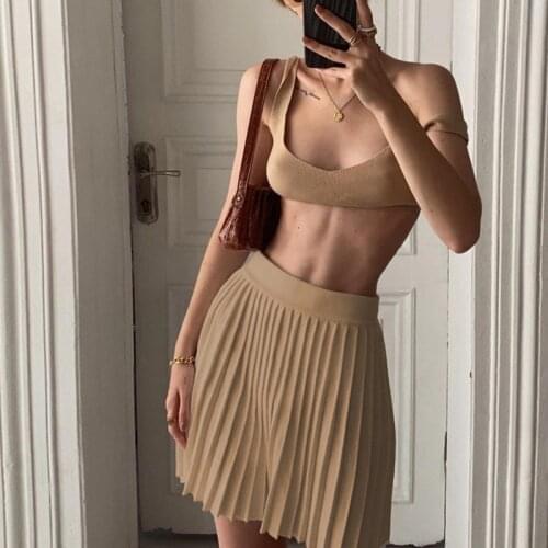 2 Piece Set Knitted Women Ribbed Pleated Mini Skirt Sets Summer Sexy Bodycon Corset Top High Waist Beach Skirts Suit 2021