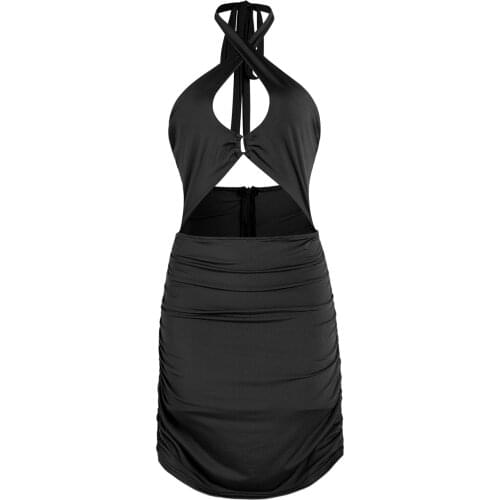 Women Sexy Hollow Out Dress, Solid Color Sleeveless Halter Neck Black/ Beige/ Orange New Fashion 2021