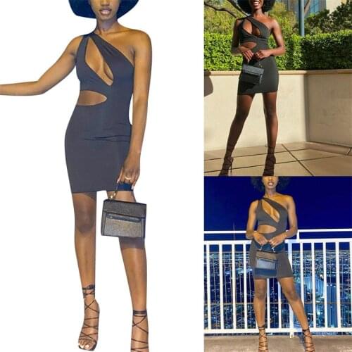 Women Close-fitting Sexy Dress, Black Solid Color Sleeveless Off-the-shoulder Hollow Out, S/ M/ L