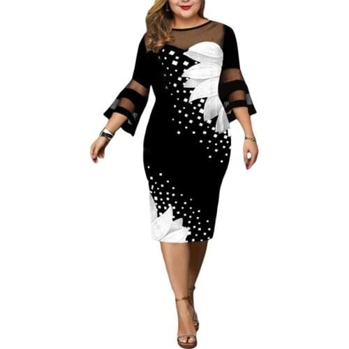 Women Dress Digital Print Mesh Patchwork Elegant Flare Sleeve Mid-Calf Bodycon Dress for Wedding Plus Size Women Clothing 5XL