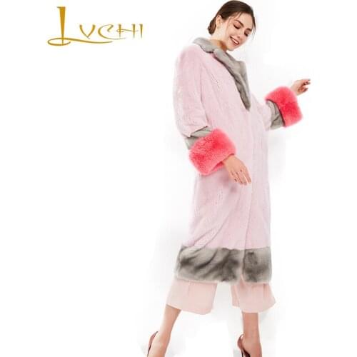 LVCHI Winter 2019 Womens Contrast Color Mink Coat Natural Fur Long Sleeve X-Long Mink Coats Imported Crown Velvet Mink Fur Coat